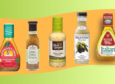 An array of bottled Italian salad dressings set against a colorful background