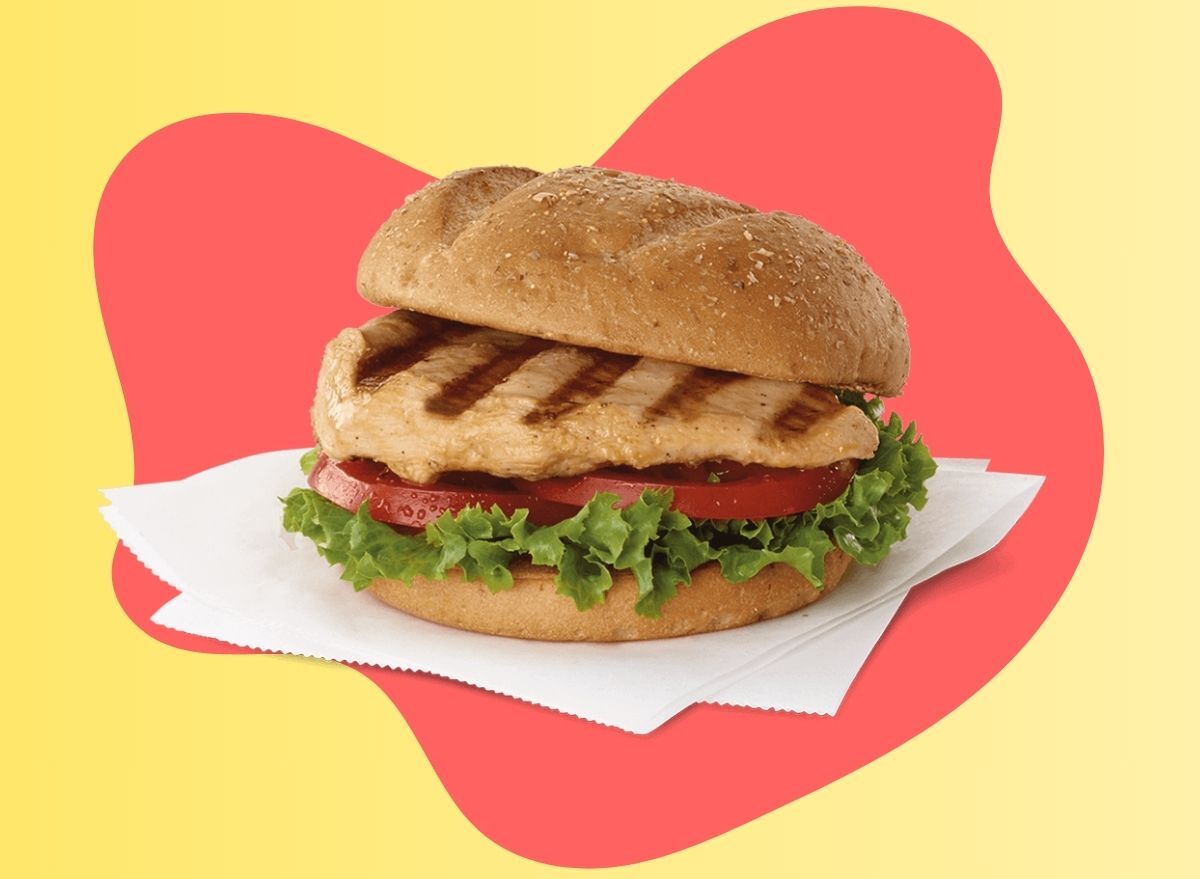 chick-fil-a grilled chicken sandwich on a designed background