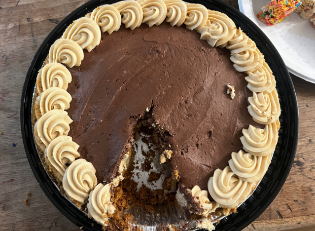 costco peanut butter pie with slice missing.