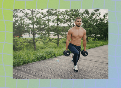 muscular, shirtless man doing dumbbell lunges outside on boardwalk surrounded by foliage