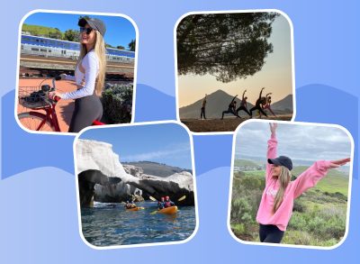 photo collage of yoga, kayaking, hiking, and biking in San Luis Obispo, California