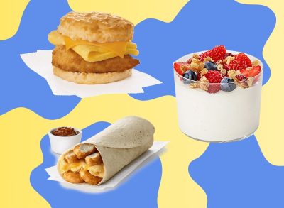 A trio of breakfast options from Chick-fil-A set against a colorful background