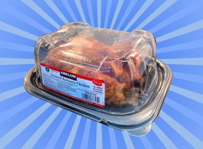 Costco rotisserie chicken on striped blue background