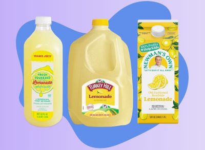 A trio of store-bought lemonade brands set against a colorful background.