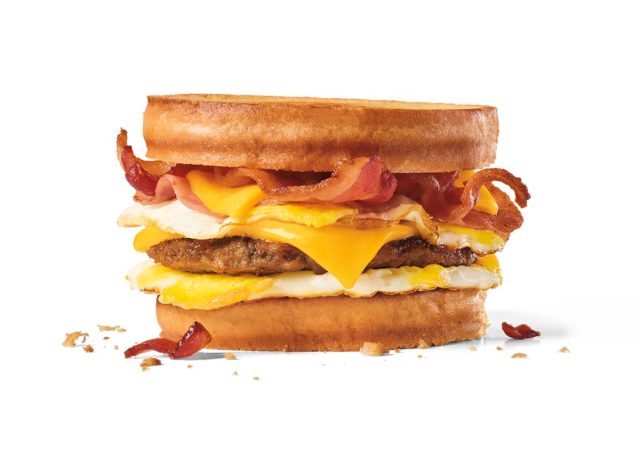 breakfast sandwich from Jack in the Box on a white background