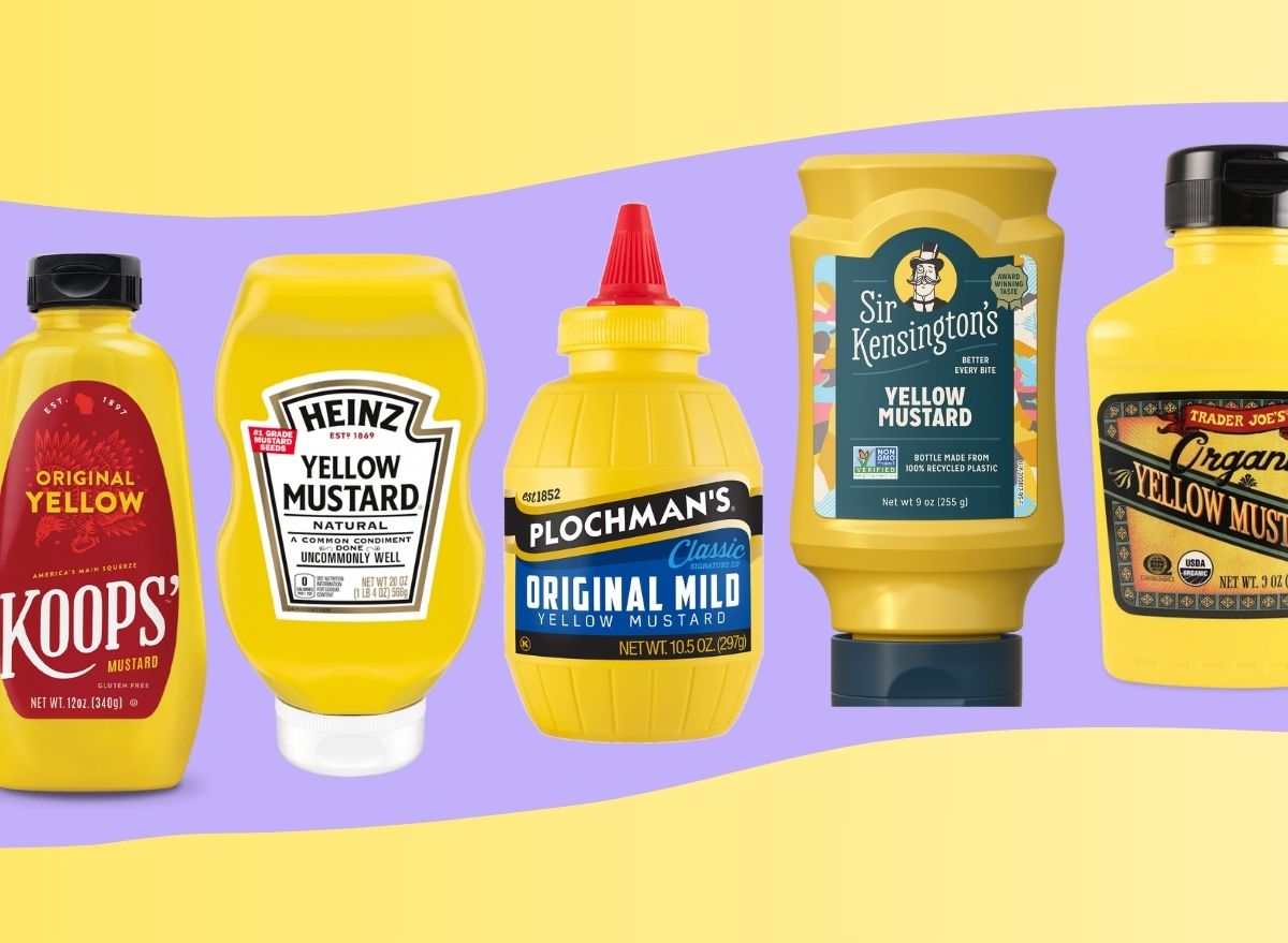 An array of classic yellow mustard brands set against a colorful background