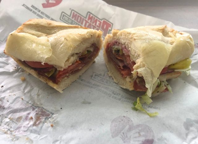 Two halves of an Italian sub sandwich from Penn Station