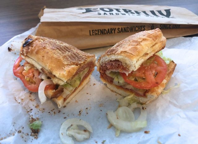 Two halves of an Italian sub sandwich from Potbelly