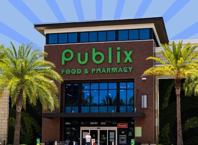 The storefront of a Publix supermarket set against a colorful background