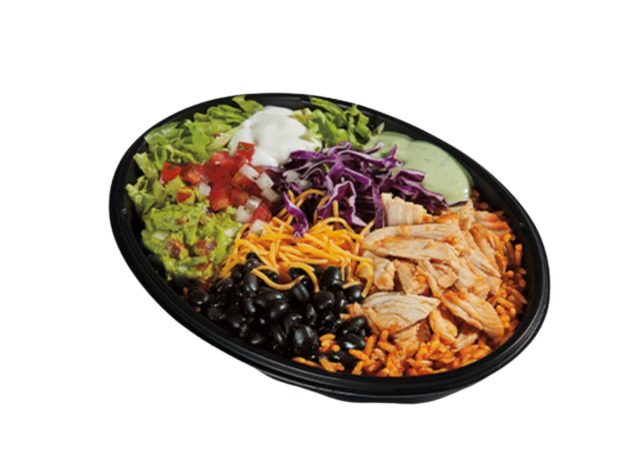 chicken rice bowl from Taco Bell on a white background
