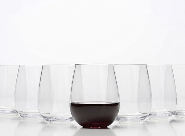a row of stemless wine glasses