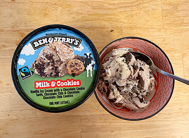 a container of ben and jerry's ice cream next to a bowl of ice cream 