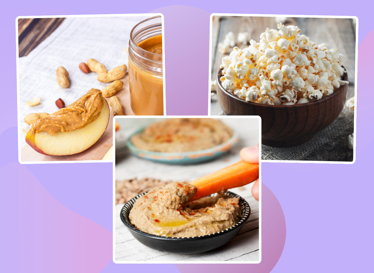 collage of apples and peanut butter carrot and hummus and popcorn on designed purple background