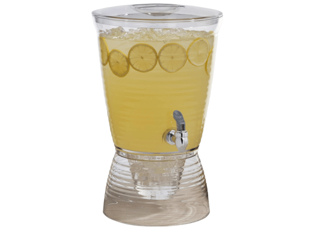 a plastic beverage dispenser filled with lemonade