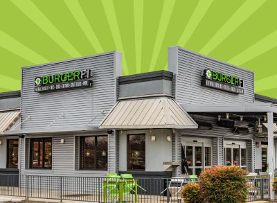 burgerfi restaurant on a designed green background