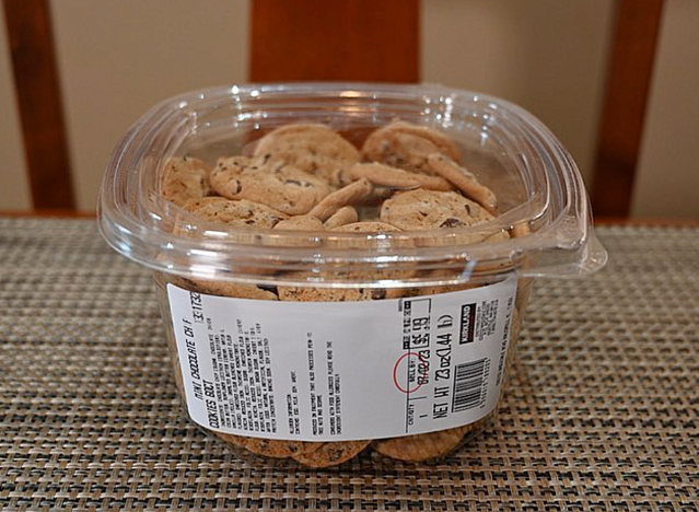 a container of mini chocolate chip cookies from costco on a table