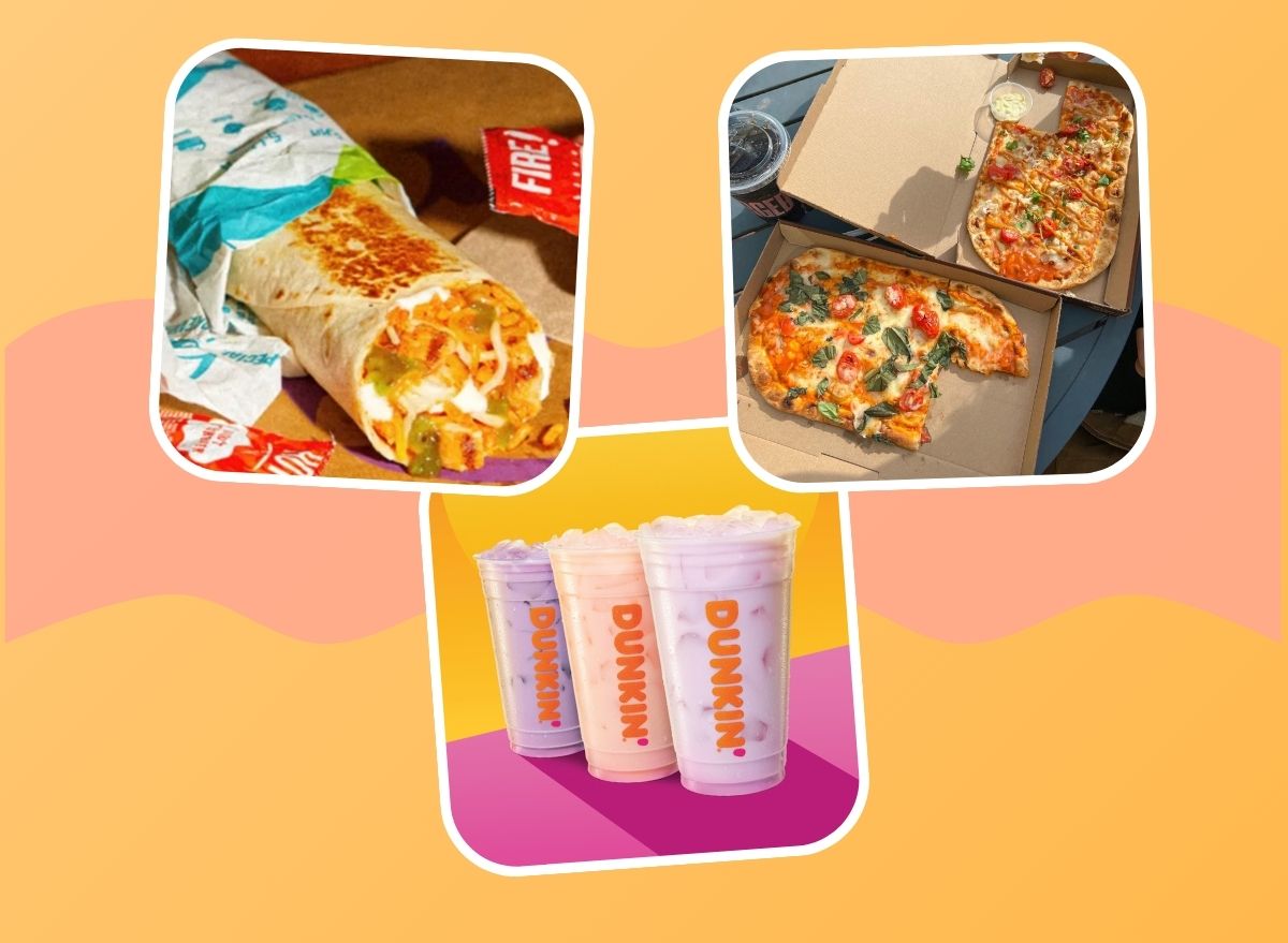 Taco Bell's Chipotle Ranch Grilled Chicken Burrito, Panera Bread's Flatbread Pizzas, and Dunkin's Coconut Refreshers on a patterned yellow background