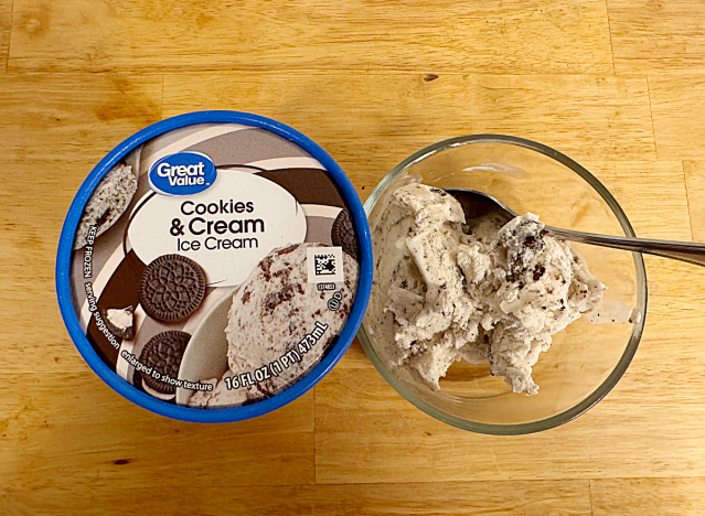 a container of great value ice cream next to a bowl of ice cream