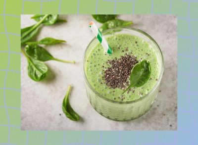 green smoothie in glass with spinach and chia seeds