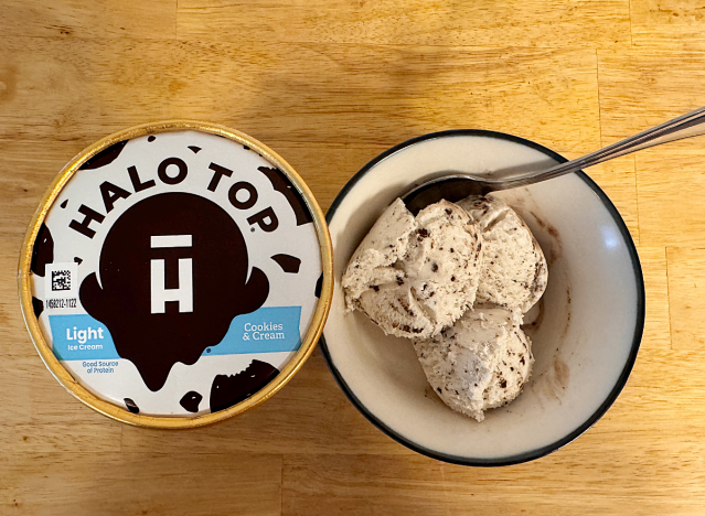 a container of halo ice cream next to a bowl of ice cream 