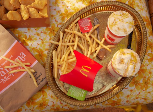 mcdonald's grandma mcflurry, fries, and nuggets on a floral tablecloth