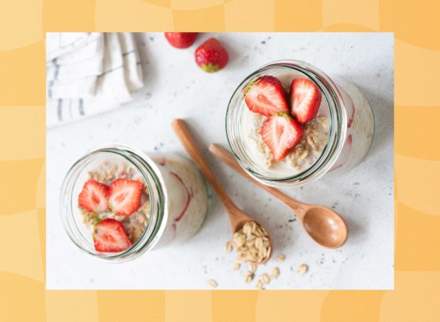 overnight oats with strawberries in two mason jars