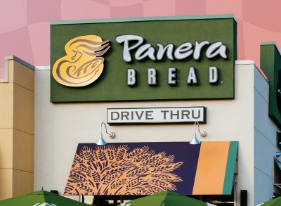 Panera Bread storefront in front of pink square background design