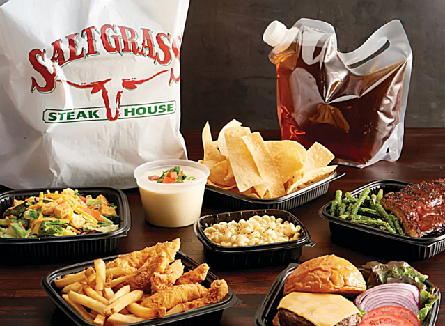 a family style meal from saltgrass steakhouse