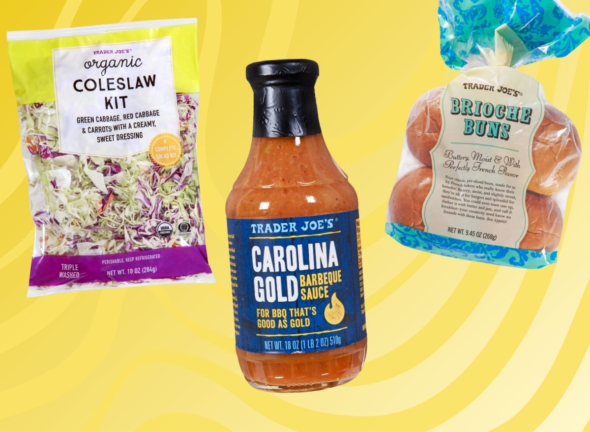 trader joe's bbq items on a yellow designed background