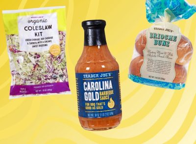 trader joe's bbq items on a yellow designed background