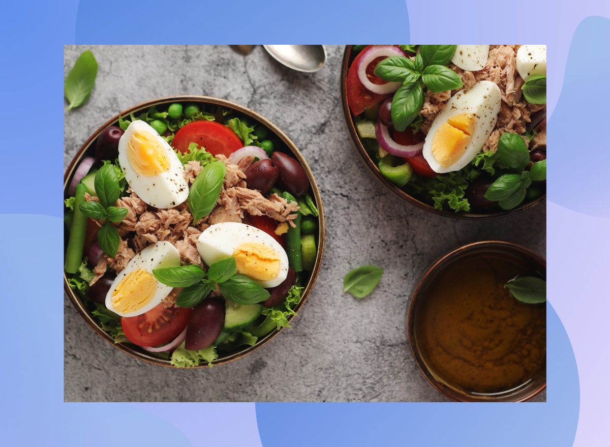 tuna nicoise salad in two bowls on counter
