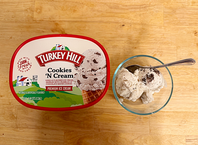 a container of turkey hill ice cream next to a bowl 
