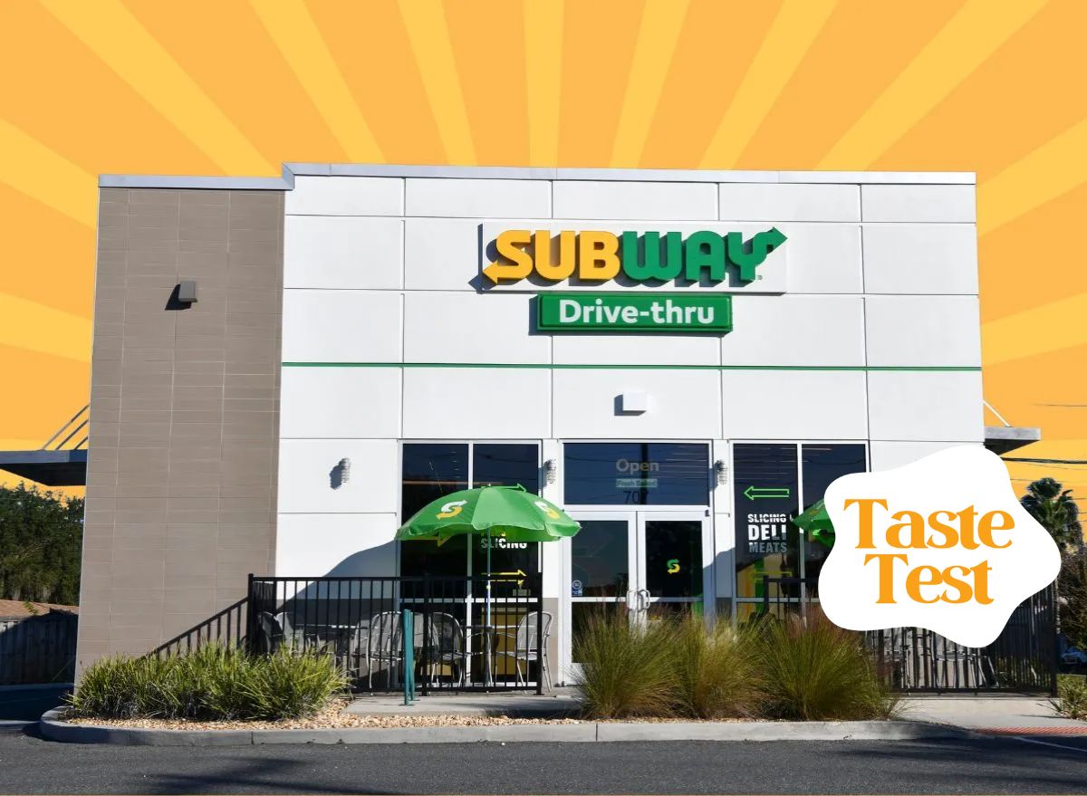 Subway exterior on striped orange background