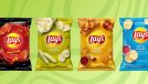 assorted bags of lays chips on green background