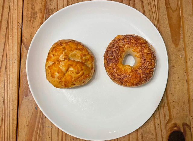 A pair of cheese-flavored bagels from Panera Bread (left) and Einstein Bros. (right)