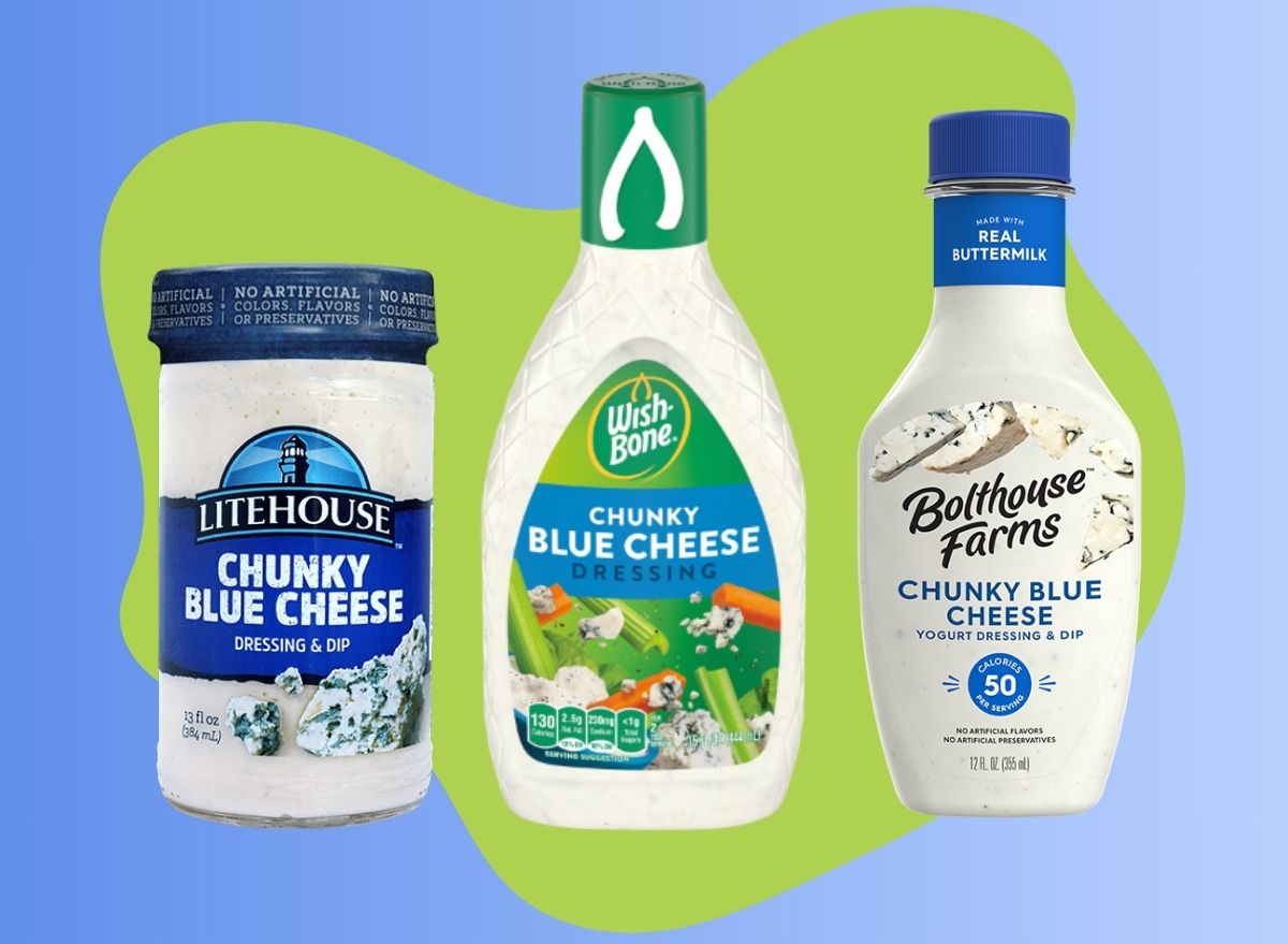 A trio of blue cheese salad dressing brands set against a colorful background