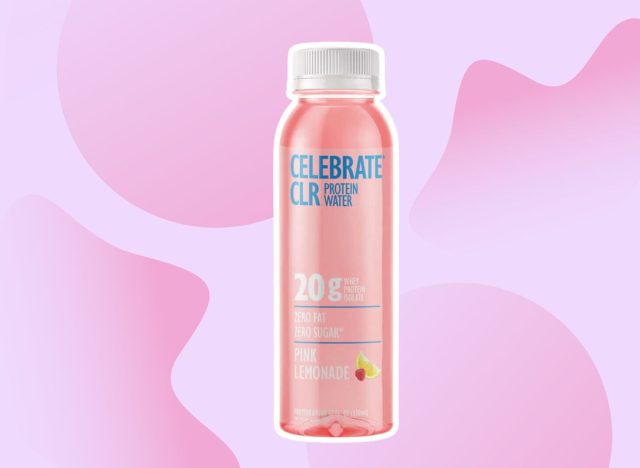 bottle of Celebrate CLR protein water on a pink background