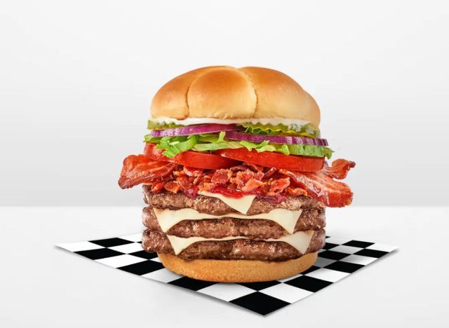 Checkers burger on a checkered napkin