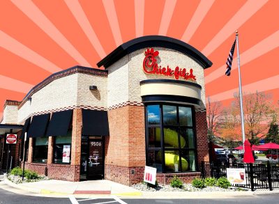 Chick-fil-A storefront on striped red background