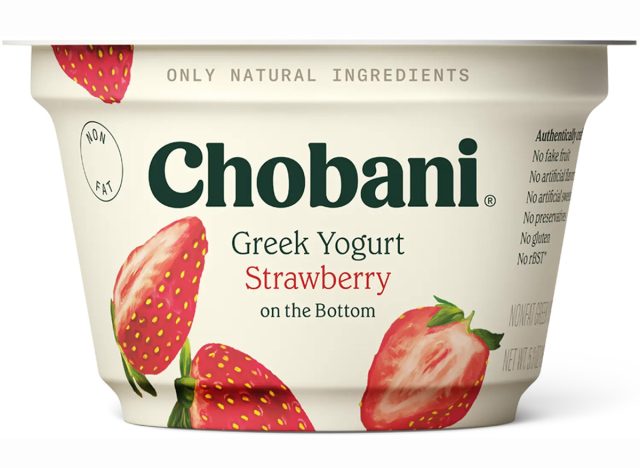 A container of Chobani brand strawberry yogurt