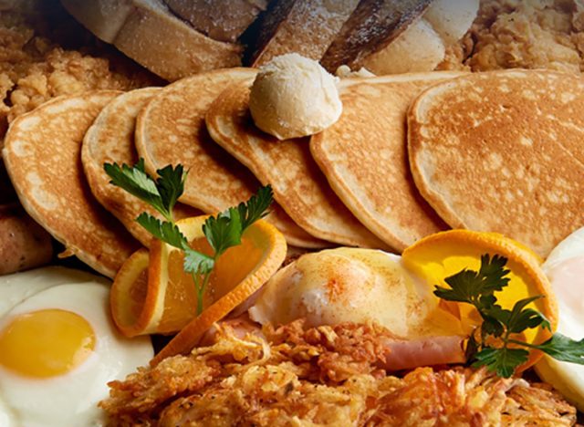 A pile of pancakes, fried eggs and hash browns from the brunch buffet at Claim Jumper steakhouse