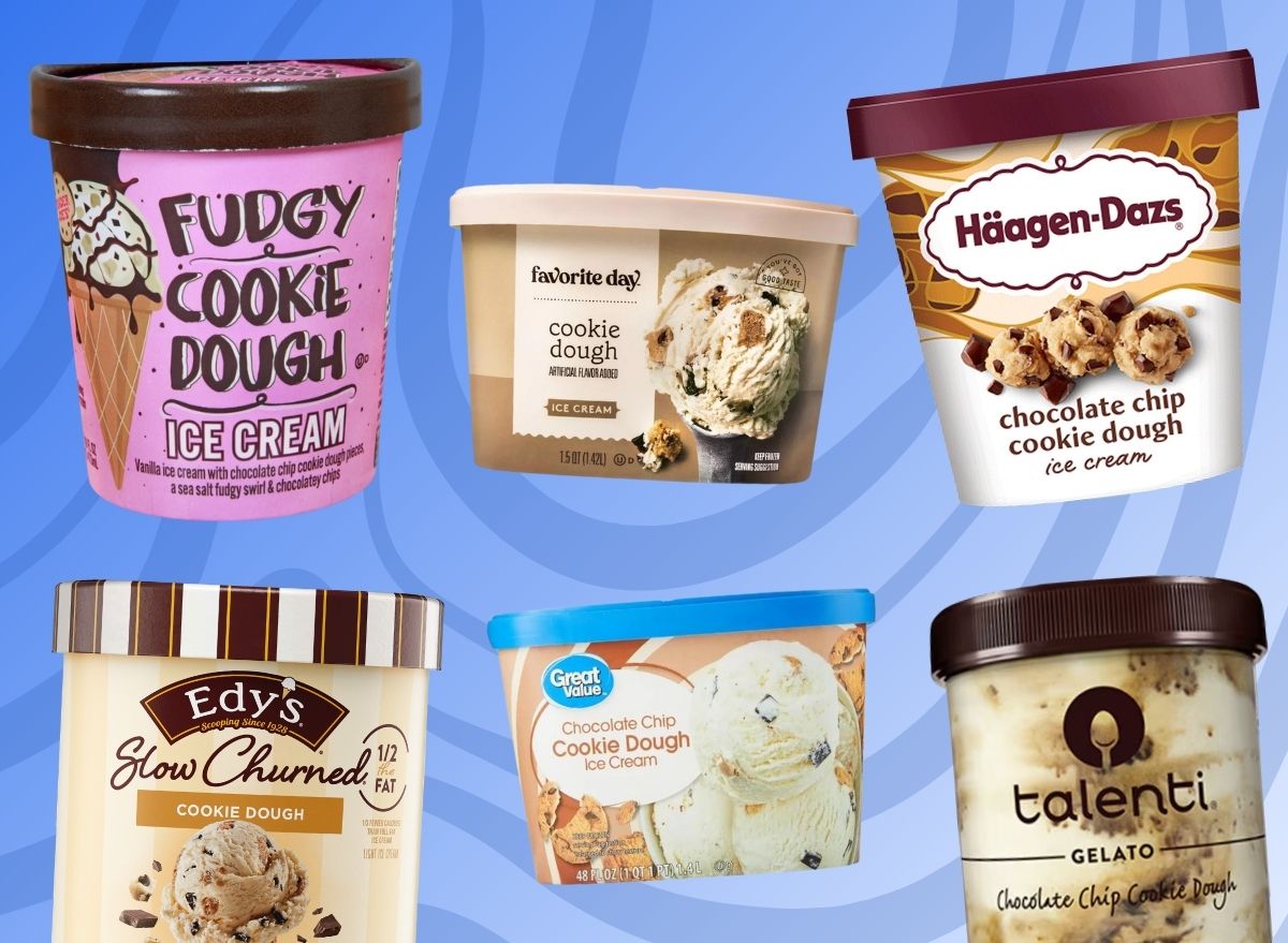 A group of popular cookie dough ice cream brands set against a vibrant blue background.