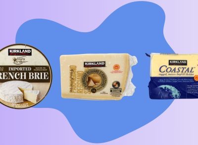 Costco's Kirkland cheeses on a designed graphic background