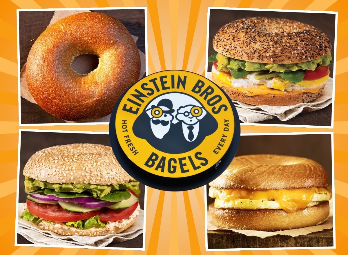 Einstein Bros. sign and four menu items on yellow background
