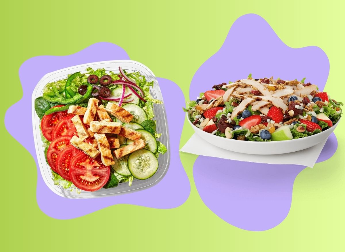A pair of salads from popular fast-food chains set against a colorful background