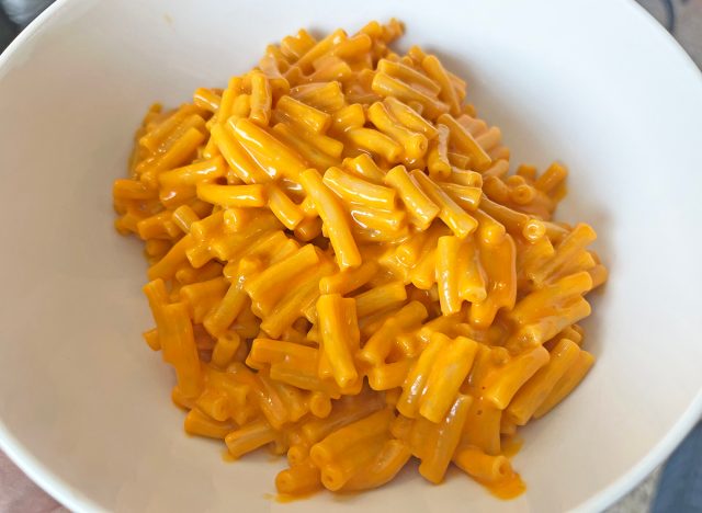 A bowl of Goodles-brand Cheddy Mac macaroni and cheese. 