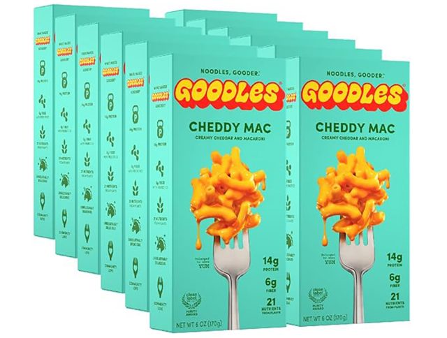12 boxes of Goodles brand Cheddy Mac macaroni and cheese