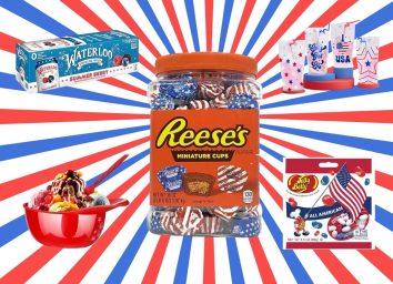 A collage of festive July 4th items set against a patriotic red, white and blue background