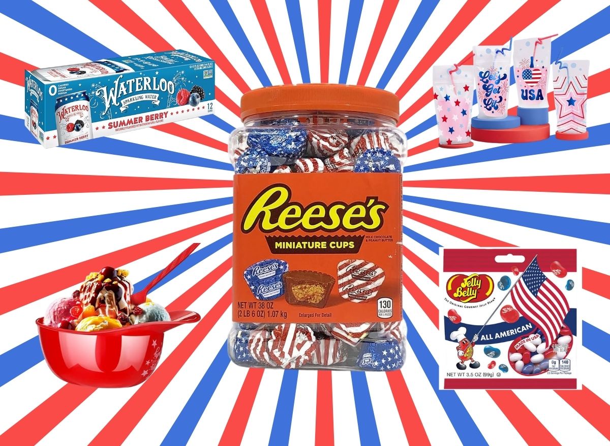 A collage of festive July 4th items set against a patriotic red, white and blue background