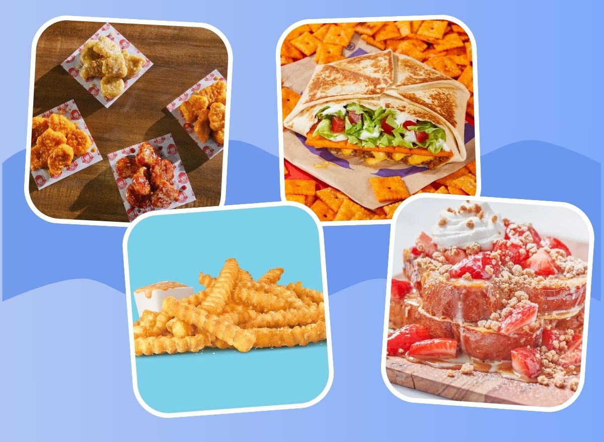 Pictures of Wendy's Saucy Nuggs, Taco Bell's Big Cheez-It Crunchwrap, Sonic's Groovy Fries, and First Watch's Strawberry Tres Leches French Toast on wavy blue background